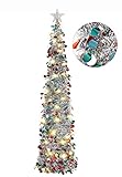 HMASYO Pop Up Christmas Tinsel Tree with Lights - Collapsible Colorful Sequin Artificial Christmas Pencil Trees Decorations for Home Apartment Party Indoor Outdoor (5 Foot - Colorful Silver)