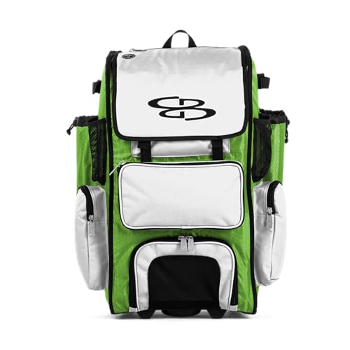 Boombah Rolling Superpack Baseball/Softball Gear Bag - 23-1/2" x 13-1/2" x 9-1/2" - BRSP2 Lime Green/White - Telescopic Handle - Holds 4 Bats - Wheeled Version