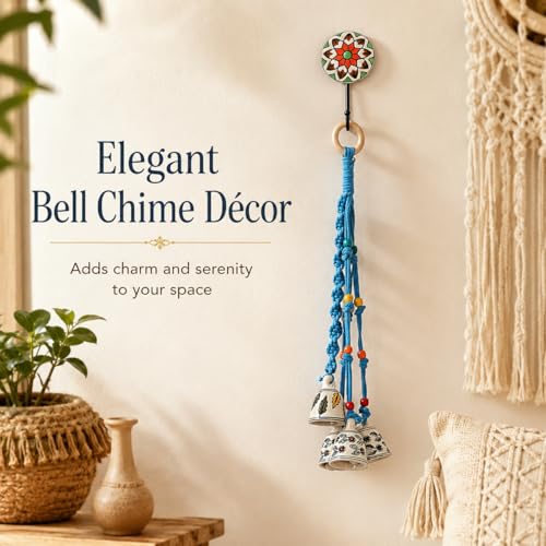 Image of KAAMERI BAZAAR Macrame Wind Chimes Enhance Living Space for Diwali (4 Bells, 1 Ring Tied with Sky Blue Macrame Thread)
