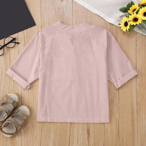 Teen Kids Girls Cotton Linen Shirts Roll Up Elbow-Length Sleeve Shirt V-Neck Button-Down Blouse for Girls Summer Top3