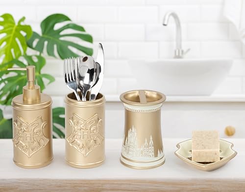 Jay Franco Harry Potter Bathroom Organizer Set - 4 Piece White and Gold Hogwarts Crest Accessories Includes Resin Soap Dispenser, Soap Dish, Toothbrush Holder and Tumbler - Bathroom Décor by Jay Franco - Used condition - Image 7