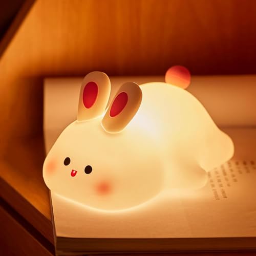 CBDYWVR Big Face Rabbit Light, Rabbit Night Lights for Gifts, Cute Silicone Bunny Lamp, 3 Level Dimmable Squishy Nightlight, Rechargeable Bedside Touch Soft Lamp for Breastfeeding (White)