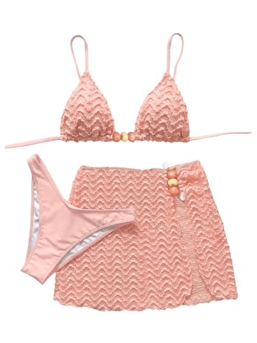 Conjunto De Bikini Encaje Perlas for Mujer, Traje Baño Atrevido Triangular Sin Espalda 3 Piezas con Falda Cubierta, Rosa Mediano(Pink,Large)