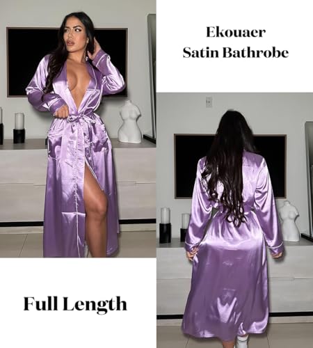 Image of Ekouaer Satin Robes for Women Long Sleeve Silk Bathrobe Soft Lightweight Full Length Sleepwear Bridesmaid Wedding Party Robes