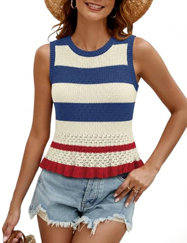 Image of VIMPUNEC Womens Crochet Crop Tank Tops Sleeveless Knit Sweater Vest Ruffle Hem Summer Top