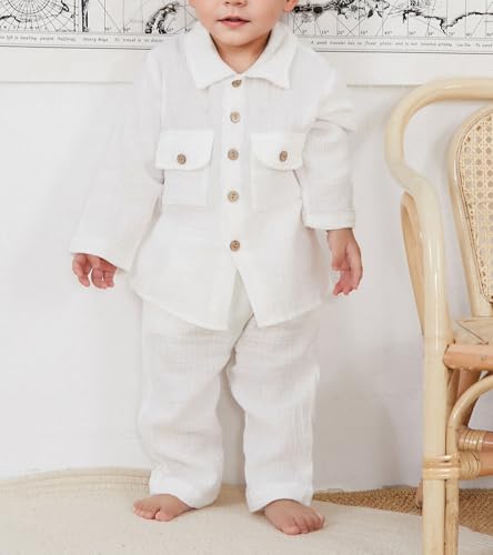 Image of VISGOGO Toddler Boy Linen Outfit Baby Boy Fall Winter Clothes Set Button-Down Shirt Tops Cotton Linen Pants 2PCS