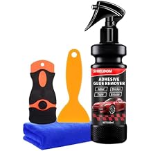 SHIELDOM Adhesive Remover, Dissolve & Soften Adhesives on Car Glass & Paint, Easily Remove Glue Sticker Labels Decals Tape Residue, Portable Spray Removal Set with Scraper, Spatula, Towel -3.4oz/100ml
