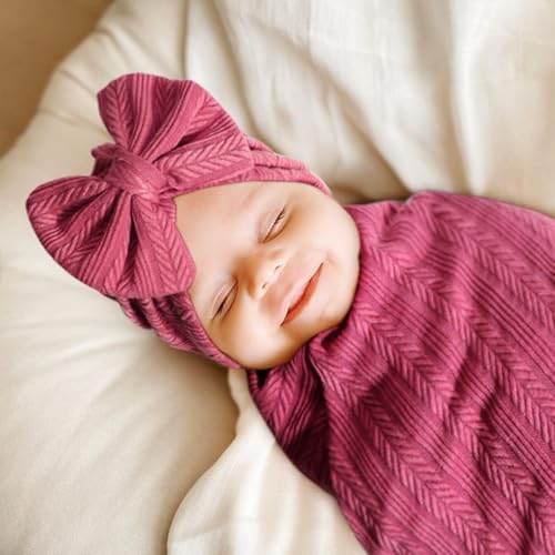 Image of AQOKKA Newborn Receiving Blanket with Bow Hat Headband Wooden Card Set Wheat-Pattern Newborns Toddler Baby Boy Girl Nursery Swaddle Wrap