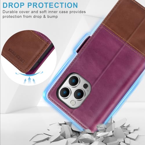KEZiHOME Compatible with iPhone 15 Pro Case, [RFID Blocking] Genuine Leather Wallet Case [Credit Card Holder] [TPU Inner Shell] Shockproof Stand Flip Cover for iPhone 15 Pro 6.1'' (Purple/Brown) - image 7