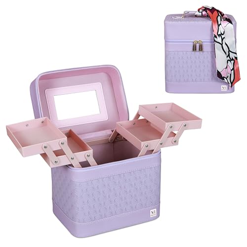 Image of NFI essentials Cosmetic Storage Makeup Bag for Womens Train Case Travel Pouch Organizer Brush Holder Artist Vanity Bridal Trousseau Box for Girls with Silk Scarf Accent