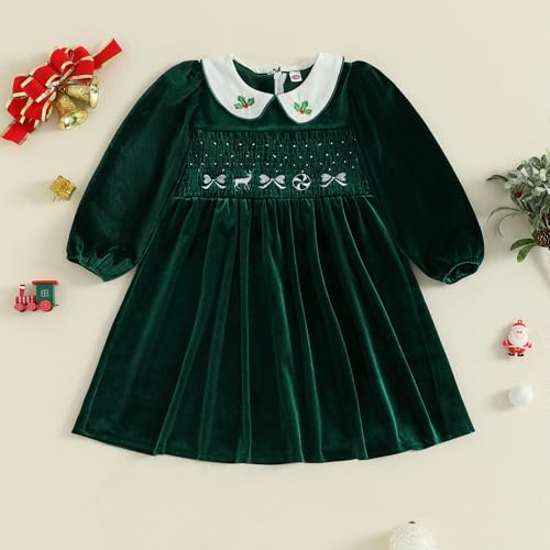 Kids Toddler Girl Christmas Outfit Velvet Dress Doll Collar Long Sleeve Smocked Dresses Party Xmas Winter Clothes4