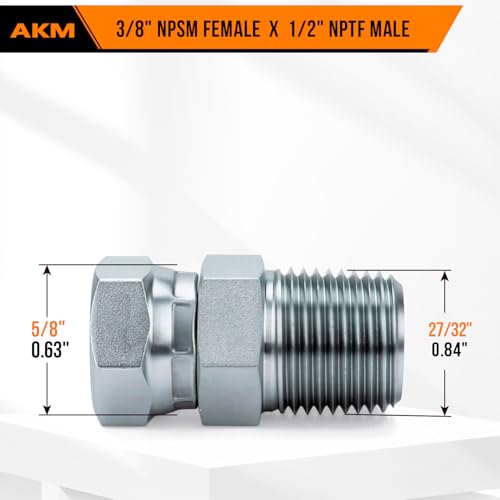 Image of Straight Hydraulic Hose Adapter Fittings, 1404-06-08 3 /8 inch-18 NPT Male Pipe x 1 /2 inch-14 NPSM Female Pipe Swivel Connectors x 5 pack