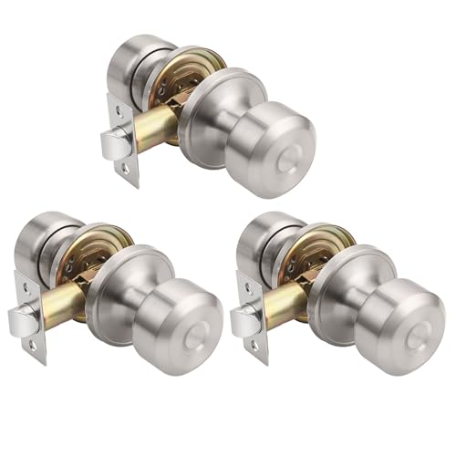 KNOBWELL Brushed Nickel Closet Door Knob, Interior Door Knobs with Cylindrical Shape Knob for Passage, Hallway Doors, Keyless Non-Locking Indoor Door Handle, 3 Pack