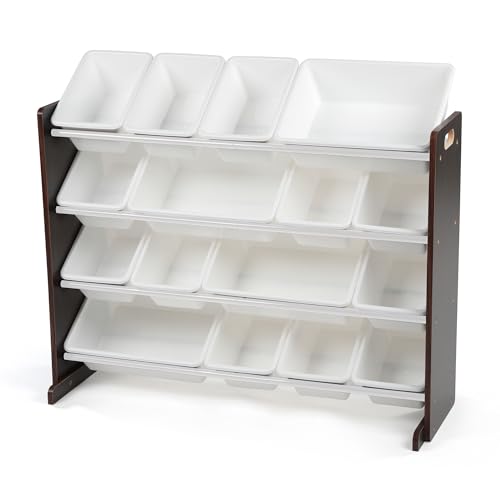 Humble Crew Toy Storage Organizer with 16 Removable Storage Bins for Kids Playroom, 4-Tier Toddler Toy Organization and Storage, Espresso/White