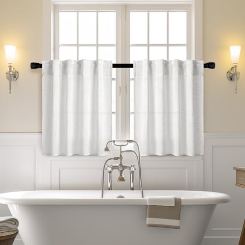 MIULEE White Curtains 36 Inch Length 2 Panels, Soft Thick Linen Textured Semi Sheer Light Filtering Kitchen Window Curtains Over Sink Small Tier for Bathroom Window Back Tab Rod Pocket