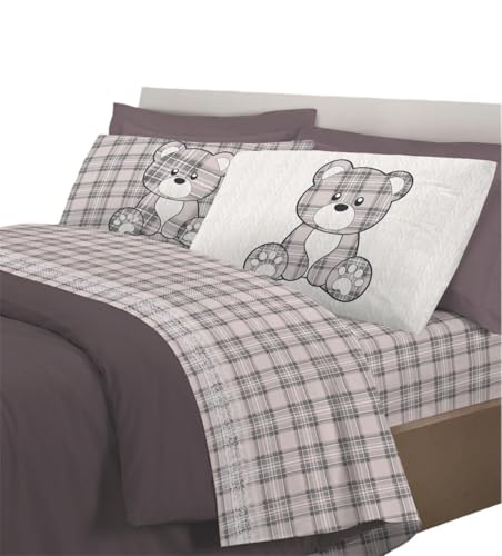 PELLECCHIA 1969 Set Lenzuola Calda Flanella, Morbida Anti Pilling,Made in Italy| Fantasia Orsetto Tartan Scozzese | Include Lenzuolo Sotto, Sopra e 2 Federe Double face (Beige/Grigio, Matrimoniale)