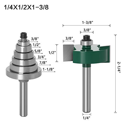 Baorder 1/4 Inch Shank Rabbeting Router Bit With 6 Interchangeable Bearings Set For Woodworking Slotting 3/8" 1/2" 5/8" 3/4" 7/8" 1-1/8"Depths #TOP1