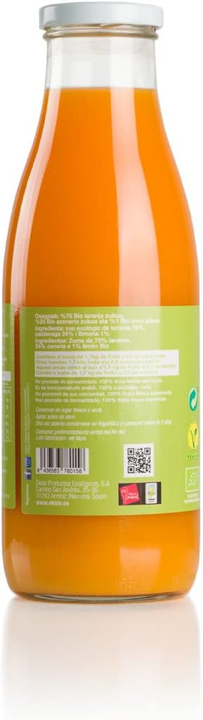 Ekolo Zumo de Naranja, Zanahoria y Limón Ecológico, 100% Exprimido, 6 Botellas x 750 ml, 4500 ml - Imagen 3