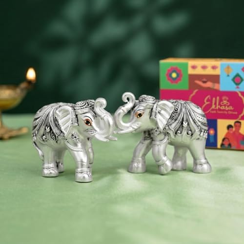 Image of Ekhasa 999 Pure Silver Plated Elephant Pair Showpiece with Gift Box | Silver Idol Set Home Decor Office Desk | Good Luck Feng Shui Vastu Animal Pair Religious Housewarming Griha Pravesh Gift