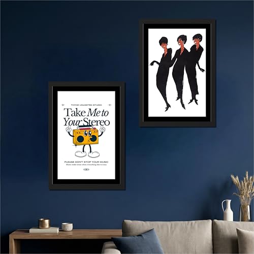 Image of NoWorries Retro Music and Fashion Disco Art Wall Painting | Vintage Stereo Quote & Dancing Silhouette Posters Frames | Premium 300 GSM Paper Print with Synthetic Wooden Frame | Modern Aesthetic Wall Decor for Living Room, Bedroom, Music Room & Office (Set of 2) (BLACK, ART-6, 10X13INCHES)
