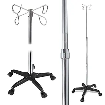 JJ CARE IV Pole with Wheels [Upgraded] 4 Hooks, 5 Caster Wheels with Lock Function, and Adjustable Height - Heavy Duty Plastic Base IV Stand Pole, IV Bag Holder, Infusion Stand - Chrome