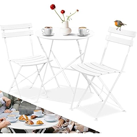 KESSER® Bistroset 3-teilig Bistrotisch mit 2 klappbaren Stühle Set Balkonset Balkonmöbel Klapp-Möbel Gartenset Sitzgarnitur Gartengarnitur Gartenmöbel Sitzgruppe Metall Bistro Gartentisch Weiß Cover