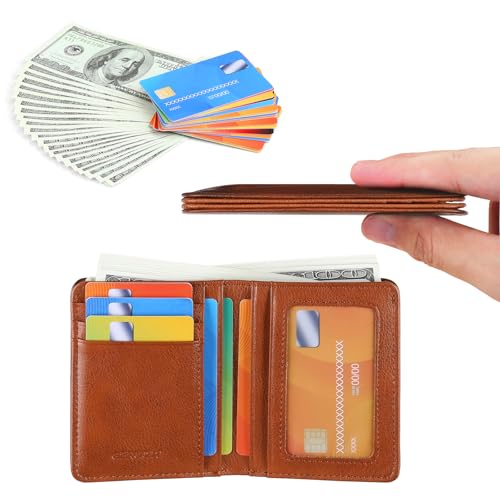 Bifold Slim Men Wallet Genuine Leather Thin, Small Vertical RFID Blocking Wallets for Men ，Compact & Stylish with Clear ID Windows (Brown)2