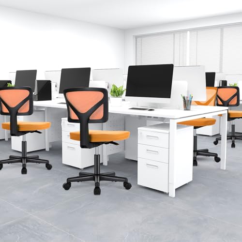 Image of DUMOS Armless Office Chairs with Wheels, Ergonomic Adjustable Home Desk Swivel Rolling Task Chair No Arms, Comfy Mesh Mid Back Computer Work Vanity Desk Chairs for Small Spaces, Orange