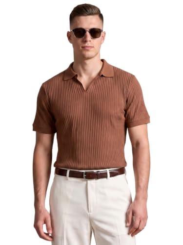 Image of Veirdo Men's Rib Knit Polo T-Shirt in Cotton Fabric, Classic Collar with Modern Fit, Stylish for Casual Wear, Available in Sizes S to 2XL