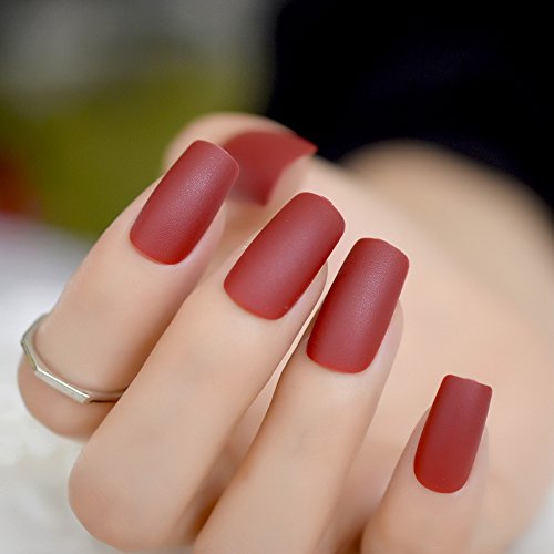 CoolNail Pure Wine Red Matte Fake Nails Carmine Frosted False Finger Nail Tips Square Top Nails Art For Bride Party Daily Wear