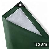 Dripex Telone protettivo da 3 x 3 m, 140 g/m², impermeabile, con occhielli, per mobili da giardino, legno, auto, barca, antistrappo e stabilizzato ai raggi UV, verde/argento