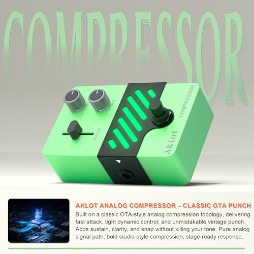 Image of AKLOT Compressor Electric Guitar Pedal: Smooth Studio-Level Compression for Clean Sustain, Dynamic Touch-Responsive Control, Level & Sustain Knobs, Mini Guitar Effect Pedal True Bypass, NEON PulseLock