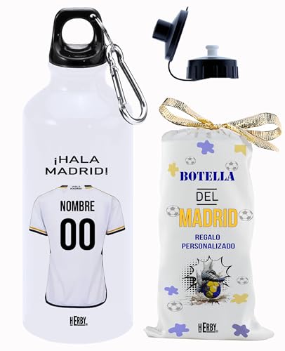 botella de agua del Madrid para niños personalizada con nombre y número es un bidón de aluminio liviano para fanáticos...