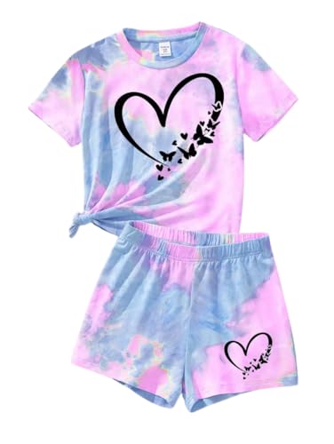 Image of 7-14Y Tween Girl Clothes 2 Piece Short Sleeve Tie Dye Heart Print Top and Shorts Teen Girl Summer Outfits Short Set