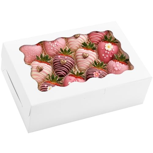 Moretoes 12pcs Cookie Boxes with Window, 9x6x3 Inch White Bakery Boxes Pastry Containers for Chocolate Covered Strawberries, Candy, Muffins, Donuts