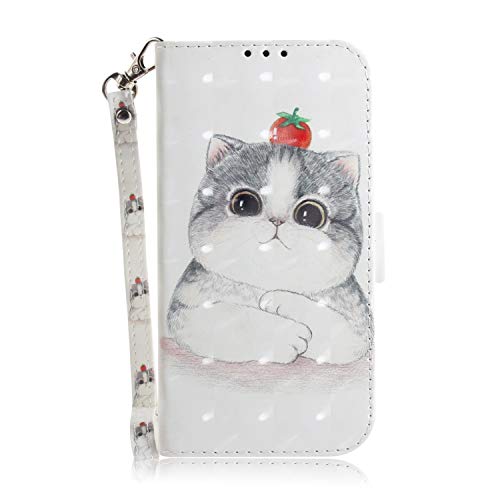 iphone 12 Mini ケース 手帳型 猫 おしゃれ 可愛い 3D プリント 絵柄 ストラップ 付き 派手な色柄 優雅 カバー 横開き マグネット カード収納 耐衝撃 滑り防止 キラキラ スマホケース アィフォン 12Mini 手帳型 猫ケース PUレザー 携帯カバー (ネコ)