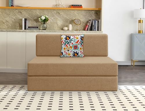 Image of Los Angeles Foldable One Seater Sofa Cum Bed, Sofa Bed 3 X 6 Feet Jute Fabric Washable Cover- Including Cushion Perfect for Living Room - Golden Color