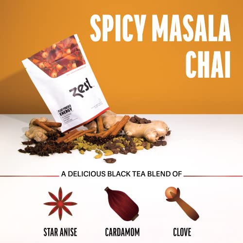 Zest 150Mg High Caffeine Energy Leaf Blend - Spicy Masala Chai Black Tea - 20 Pack Bag - All Natural Strong Flavored Healthy Coffee Alternative Highly Caffeinated Substitute - Perfect For Keto Diet #TOP4