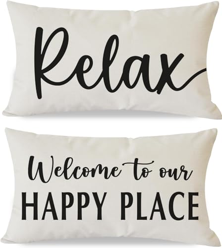 HERHOME Welcome to Our Happy Place Relax Decorative Throw Pillow Covers 12x20 Inch Set of 2 Sayings Outdoor Modern Farmhouse Decor Cozy Lumbar Cushion Case Decoration for Home Sofa Couch Living Room