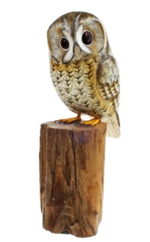 Hand Carved WOODLAND BIRD Wooden Ornament - TAWNY OWL on Tree Trunk - 25 cm