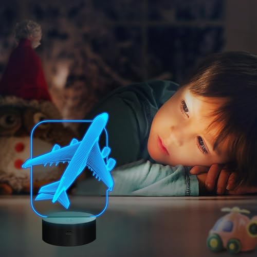 Image of FULLOSUN Aircraft Airplane 3D Night Light Bedside Lamp 16 Colors Changing with Remote Control Xmas Halloween Birthday Gift for Boy