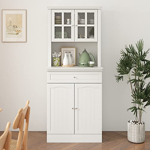 AGOTENI 72.3\" Kitchen Pantry Cabinet, Modern Tall Cabinet with Glass Doors and Adjustable Shelves, Freestanding Utility Storage Cabinet Cupboard for Kitchen, Living Room, Dining Room, White - Thumbnail 2