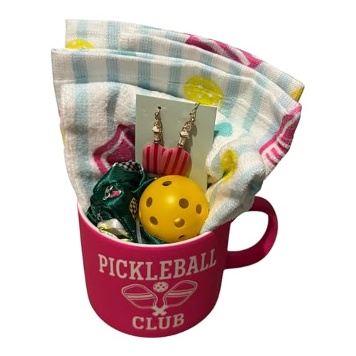 Pickleball Club Pink Ceramic Coffee Mug with Pickleball Accessories, Gift Set with Ball and Earrings, Sports Theme Novelty Cup