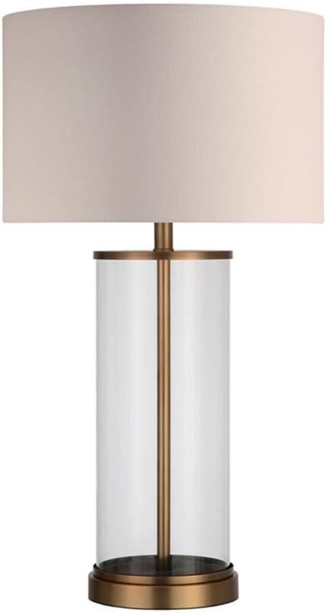 Pemberly Row 28" Classic Glass Table Lamp, Antique Brass Finish, Drum Shade, White Linen Material, Contemporary Mid-Century Design, Ideal for Living Room, Bedroom, Office or Study