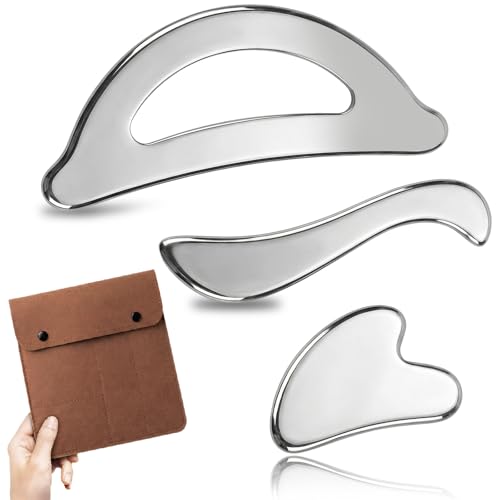 Rena Chris Gua Sha & Muscle Scraper Tool Stainless Steel Body & Face Gua Sha Set for Deep Tissue Massage & Lymphatic Drainage Guide & Travel Pouch Included (3-Piece Kit)
