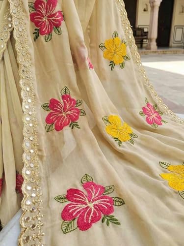 Image of SIRIL Women's Embroidery, Mirror Work, Scalloped Border Shimmer Georgette Saree With Unstitched Blouse Piece