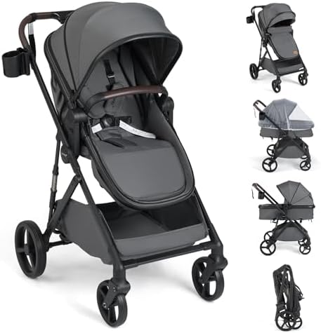 BABY JOY 2 in 1 Baby Stroller, High Landscape Convertible Bassinet Stroller with Reversible Seat, Net, Adjustable Canopy, Cup Holder, Foldable Pushchair Pram Stroller for Newborn Toddlers (Gray)