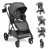 BABY JOY 2 in 1 Baby Stroller, High Landscape Convertible Bassinet Stroller with Reversible Seat, Net, Adjustable Canopy, Cup Holder, Foldable Pushchair Pram Stroller for Newborn Toddlers (Gray)