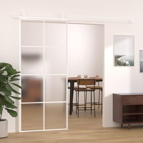 Gecheer Puerta corrediza, para interior, de cristal ESG y aluminio, blanco, 90 x 205 cm, puerta corredera de cristal y aluminio, puerta para interior