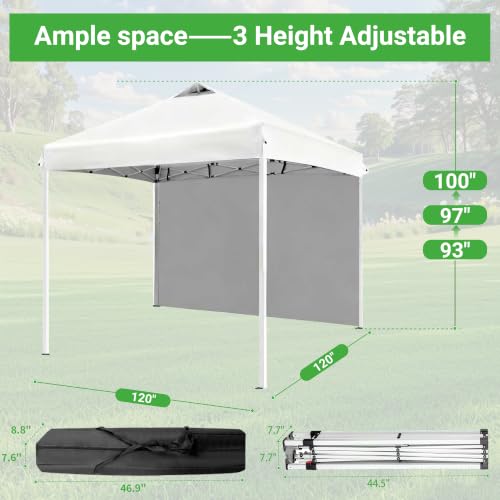 Image of 10x10 White Instant Canopy Tent 1 Sidewall Height Adjustable Portable Gazebo One-Touch Setup with Wheeled Bag for Summer Weddings, Backyard BBQ, Beach Camping, Poolside Parties